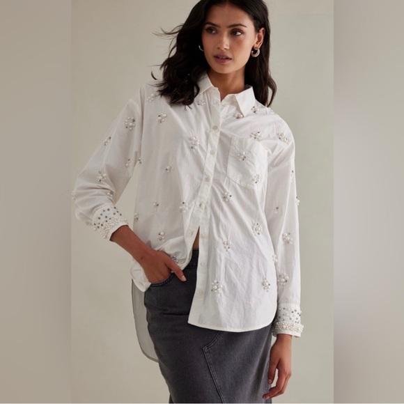 MAEVE by ANTHROPOLOGIE Bennet Button Down Shirt Pearl Embellishment Edition - Picture 3 of 8